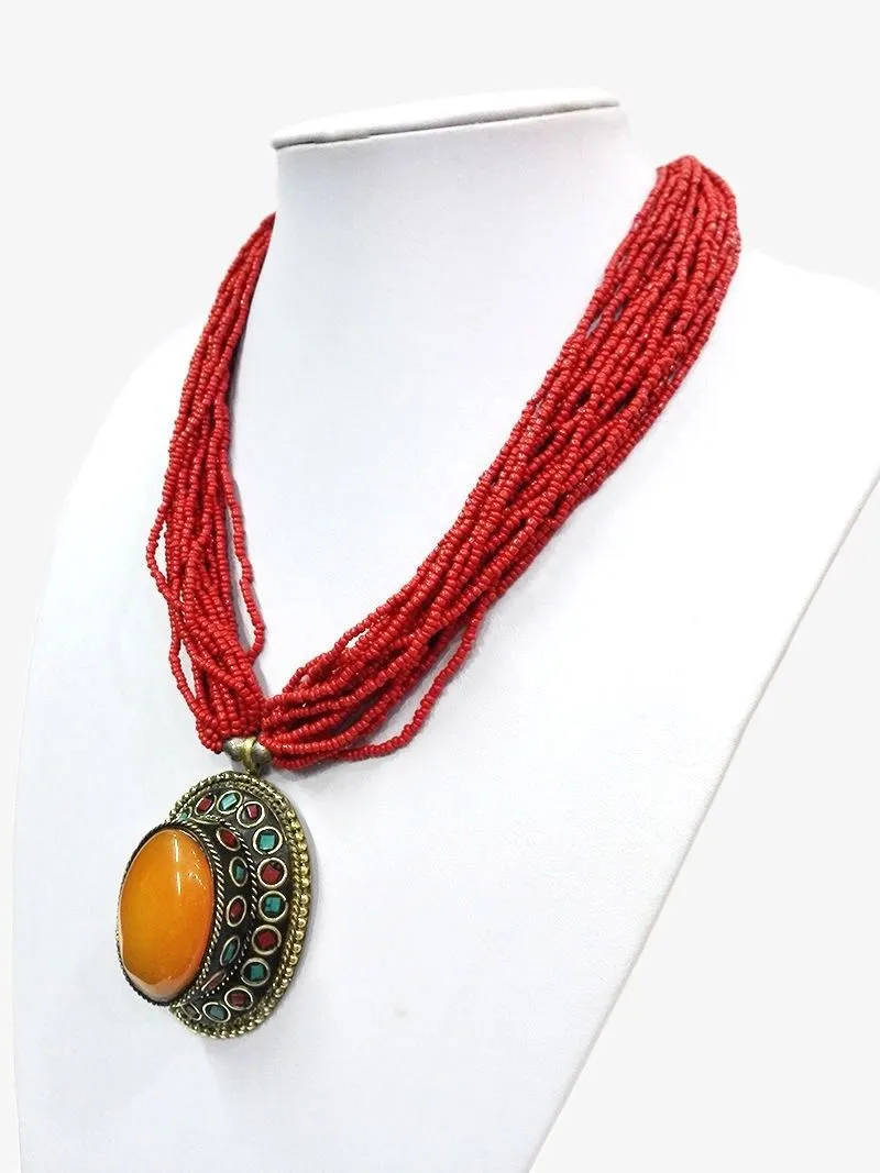 18 '' Ethnic Red Bead Multilayer Naszyjnik Wisiorek Amber Tybetański Biżuteria Oyzz-0011