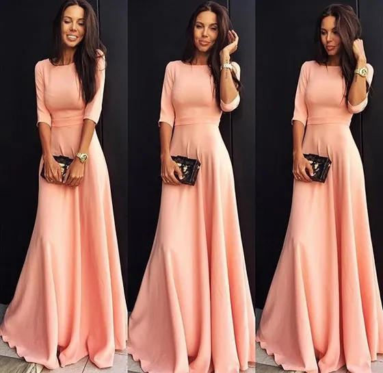 Coral Long Satin Modest Bridesmaid Dresses With Half Sleeves A-line Floor Length Wedding Party Guests Dresses Modest Cheap Custom Made