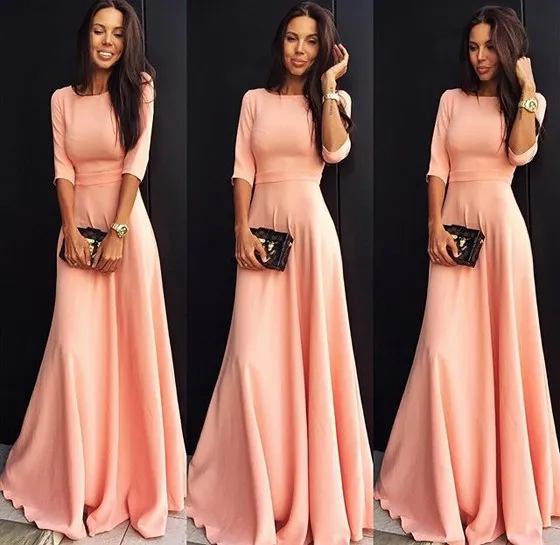 Coral Long Satin Modest Bridesmaid Klänningar med Half Sleeves A-Line Golvlängd Bröllopsfest Gäster Klänningar Modest Billiga Skräddarsy