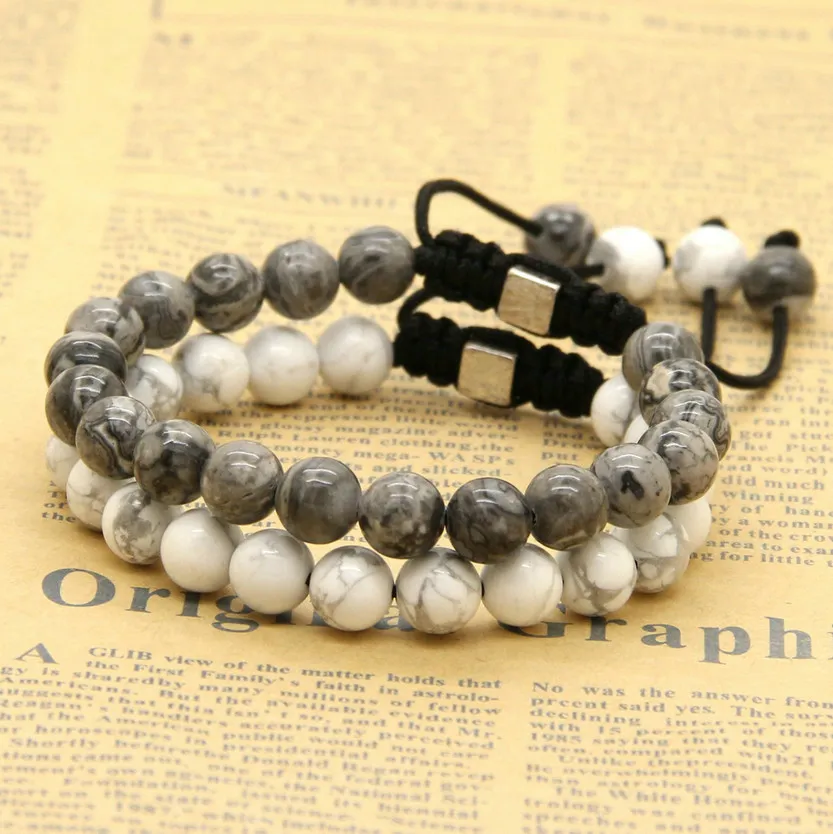 Ensemble / 8mm Naturel Noir Onyx Blanc Howlite Marbre Gris Jasper Pierre Perles Macramé Chanceux Bracelets3148