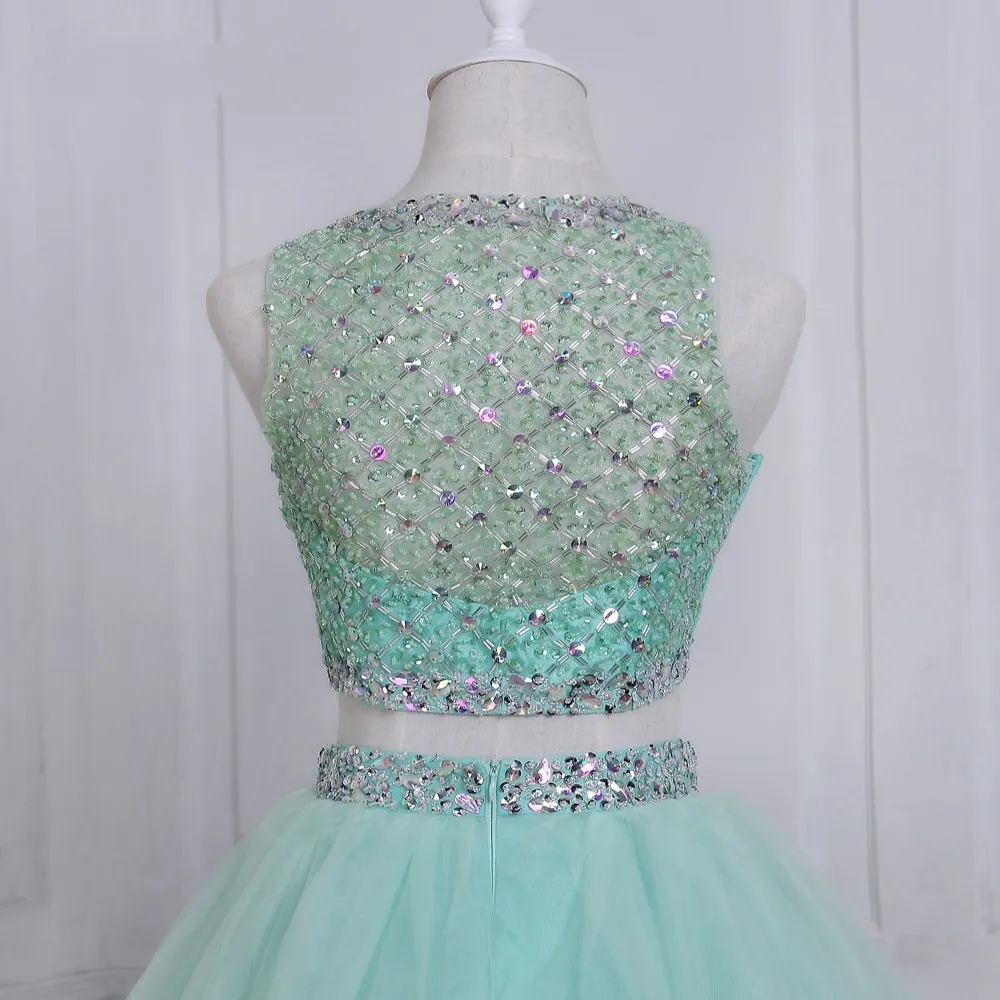 Superbe Mint boule Robes Robes de bal Deux pièces Tulle luxe strass perles à dos creux Jewel Sheer manches longues col robe de soirée Robes de soirée