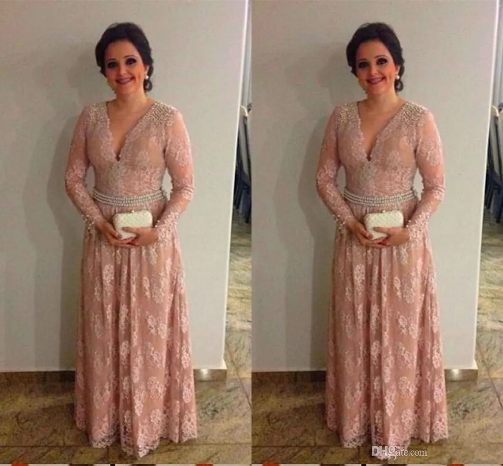 Vintage Pink Lace Mother of Bride Groom Dresses Long Sleeves Pearls Plus Size Wedding Guest Dress