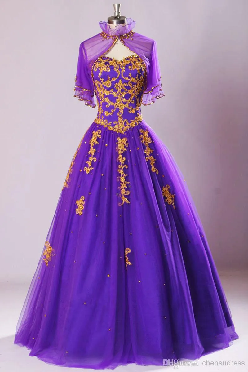 Vestidos de quincea era con bordado morado y dorado vestidos de baile con cors de tul con cuentas de lentejuelas en la espalda vestido de noche de