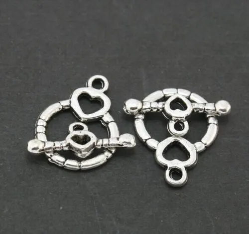 100Sets Silver Plated Toggle Clasp Ring Round Heart Clasps For Jewelry Making Bracelets 14x18mm