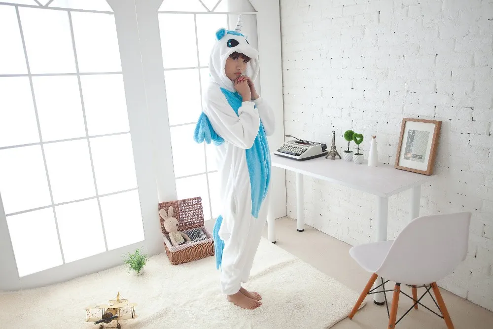 Inverno Kawaii Anime Felpa con cappuccio Pigiama Cosplay Cavallo Adulto Tutina Natale BLU Unicorno Pigiama Costume Blue Unicorn Tutina tuta Sleepwear