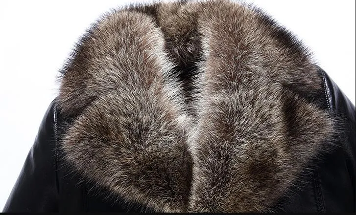 Mens fårskinn läderjacka lager vinterjackor verklig tvättbjörn päls krage snö överrock varm tjock utkläder hög kvalitet stor storlek 4xl