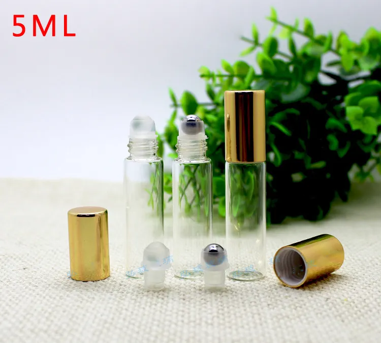 Wholesale 1200pcs Refillable Thick 5ml 1/6oz MINI ROLL ON Clear GLASS BOTTLES ESSENTIAL OIL Steel Metal Roller ball with Gold Cap