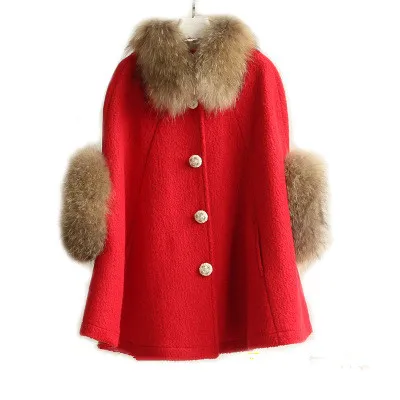 Nowa Jesienna Jesień Zima Ciepłe Naturalne Raccoon Fur Collar Futro Mankiet Batwing Rękaw Loose Poncho Wool Woolen Cape Płaszcz Cloak Mantle Casacos