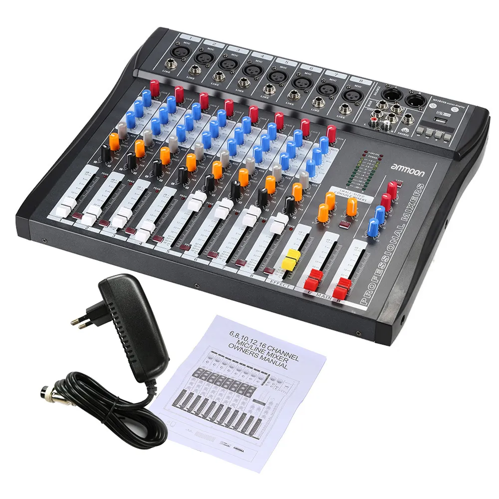 Freeshipping USB 8 Kanal Digtal Mic Hattı Ses Karıştırma Mikser Konsolu w / 48 V Phantom Güç Kayıt DJ Sahne Karaoke Müzik için