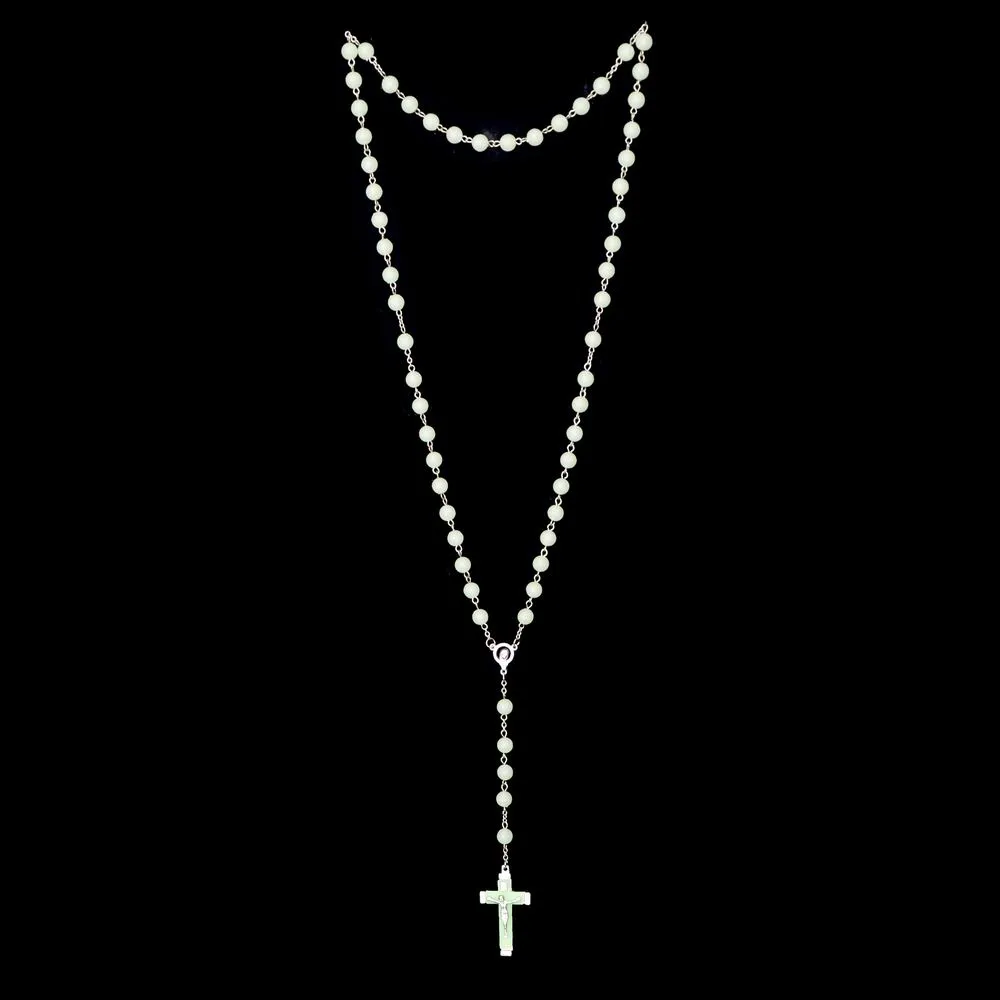 Light Blue Glow in Dark Plastic Rosary Beads Luminous Noctilucent Necklace Fashion Religious Jewelry Party Gift DHN405