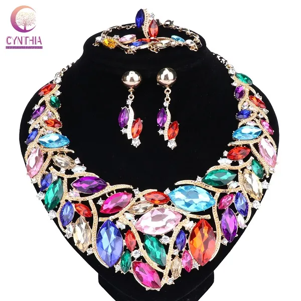 Hot Fashion Indian Jewellery Bohemia Crystal Necklace Earrings Sets Bridal Jewelry Brides Party Wedding Accessories Decoration