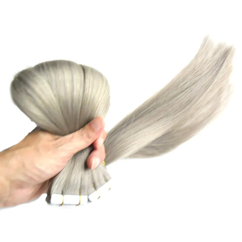 Extensions de cheveux gris ruban adhésif dans les extensions de cheveux humains droits 100g 40 pièces bande d'extension de cheveux de trame de peau adhésive