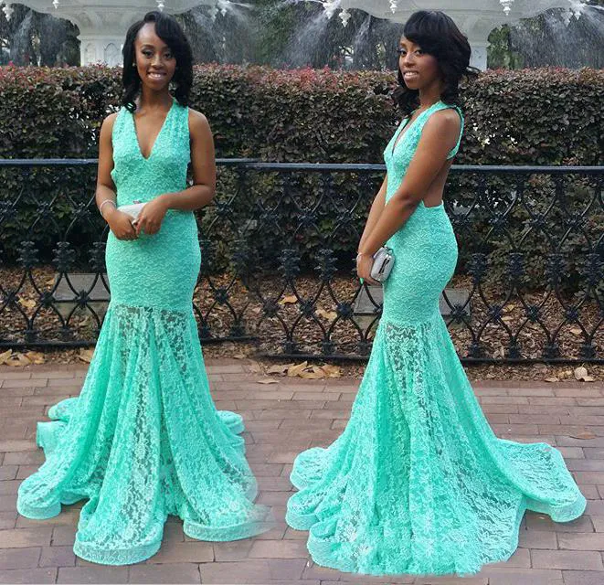 Plunging Evening Mermaid Unique Sleeveless Prom Dresses Open Back With Lace Applique Custom Made Sweep Train Formal Party Gowns 2017 From 92 22 DHgate