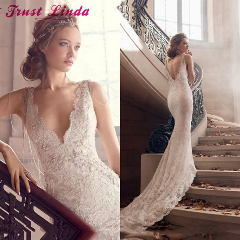 Encantadores vestidos de novia de sirena con cuello en V, apliques de encaje completo, Vestidos de novia, Vestidos de novia largos de tamaño personalizado, Vestidos de novia marfil