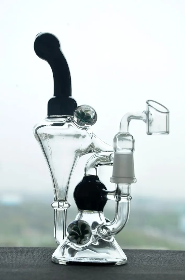 hookahs Double Recycler Chamber Bong Beautiful Pink Oil Dab Rigs Unique Cone Base Flower Decor Chamber Glass Black Water Bong with 14mm