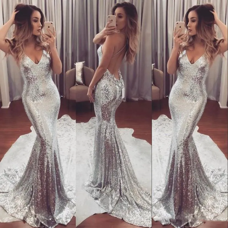 Luxe sexy sprankelende prom jurk backless zilver diepe v-hals open rug sweep trein formele feestjurken moderne vrouwen avondjurken