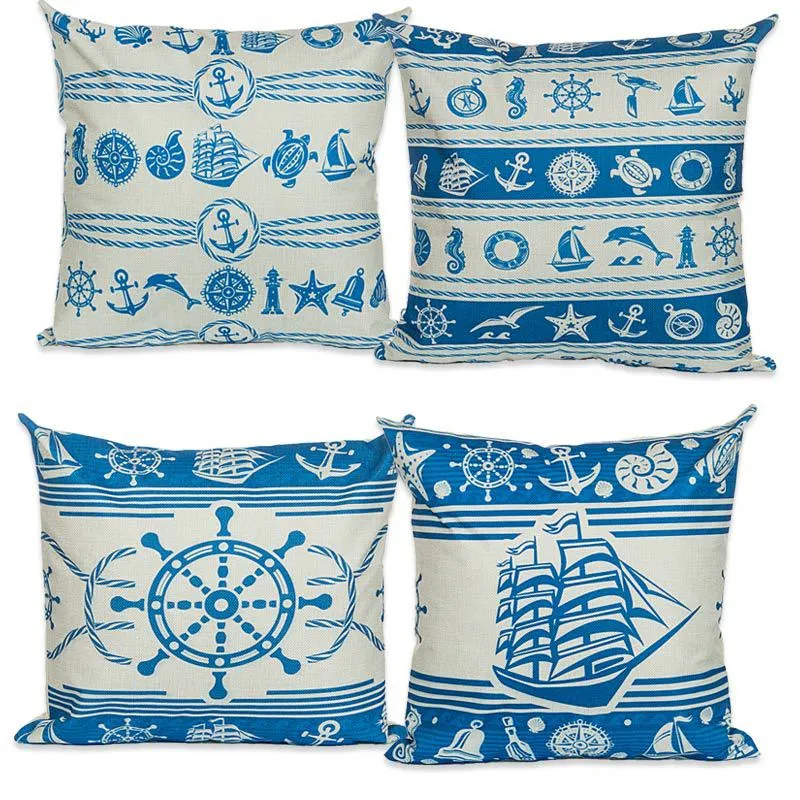 Ocean Styles Hem Soffa Utskrift Kuddväska Segelbåt Ankare Sailor Mönster Bomull Kudde Skal 45 * 45cm Kuddskydd Kuddehölje