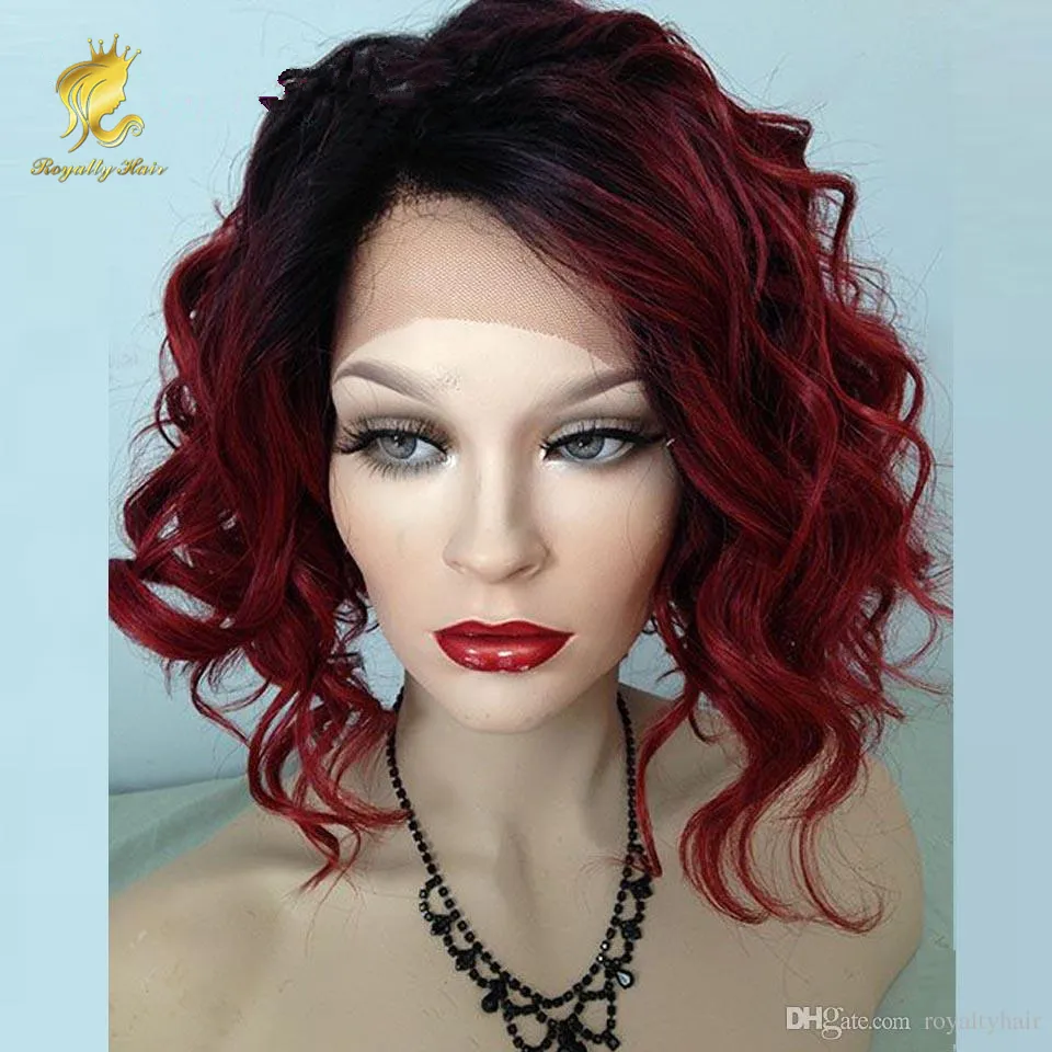 Bob Style Curly Ombre Bungundy Lace Front Wig Short Bob Glueless Lace Front Human Hair Wig Full Lace Wig för svarta kvinnor