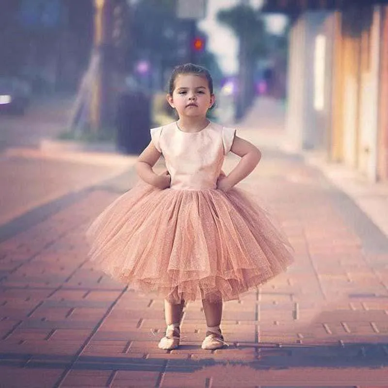 Vestido de fiesta de coral Vestidos de niña de flores con un gran lazo en la espalda Manga de casquillo Falda tutú de tul Vestidos para niñas Vestidos de boda para bebés Ropa formal