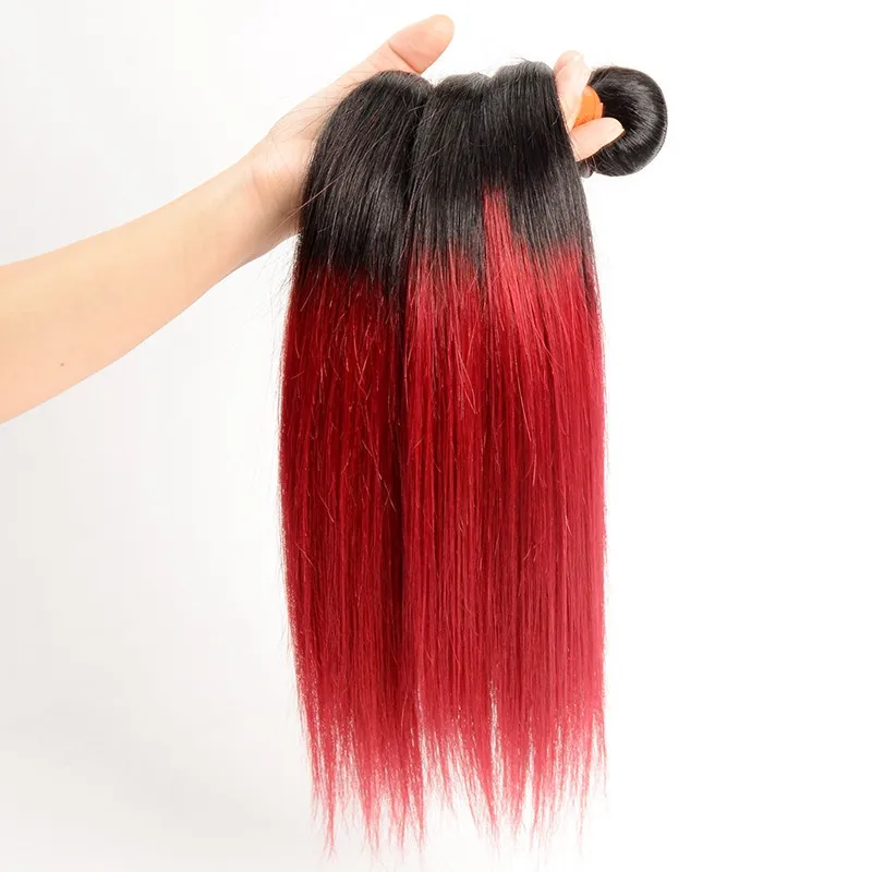 Två tonröd hår 3 buntar Brasilianska Virgin Human Hair Weave 1B Röd Ombre Hair Extension Red Colored Bundles