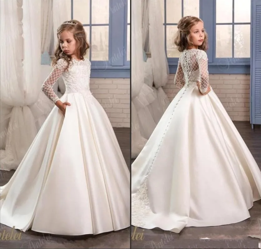 Long Sleeves Floor Llength Stain Cute Kids Formal Wear Applique Jewel Flower Little Girl Dresses 407