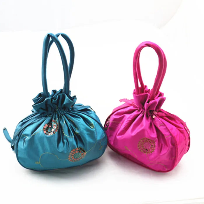 Large Embroidery Sequins Satin Fabric Gift Bags with Handles Birthday Party Favor Bags Drawstring Tote Purse Coin Pocket Packaging Pouch