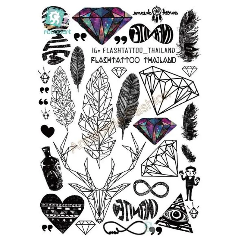 Offre spéciale noir tatuagem Taty corps Art temporaire tatouage autocollants plume arc-en-ciel diamant paillettes Tatoo autocollant