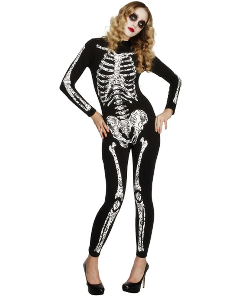 Festa de Halloween clássico Santo esqueleto Cosplay Mulheres Preto manga comprida Jumpsuit Zombie Corpse Roupa assustador