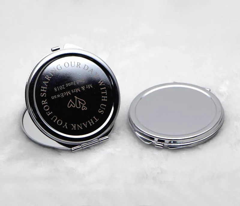 Personalized Compact Mirror Round Silver Metal Engraved Makeup Mirror Gift with Pouches Wedding Favors 18032-1 