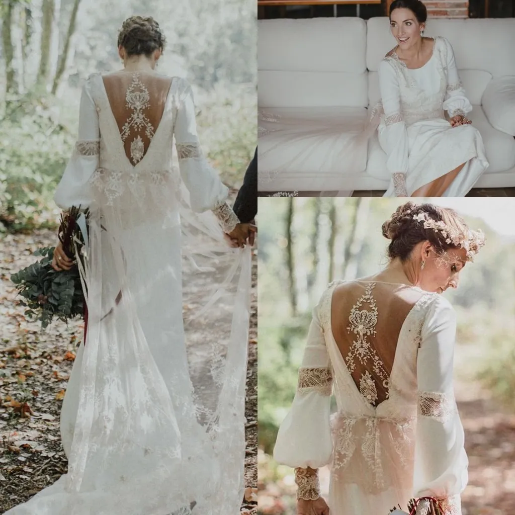 Vintage boho losse trouwjurken met lange mouwen juweel nek verbazingwekkende kant holle rugland Boheemse bruidsjurk