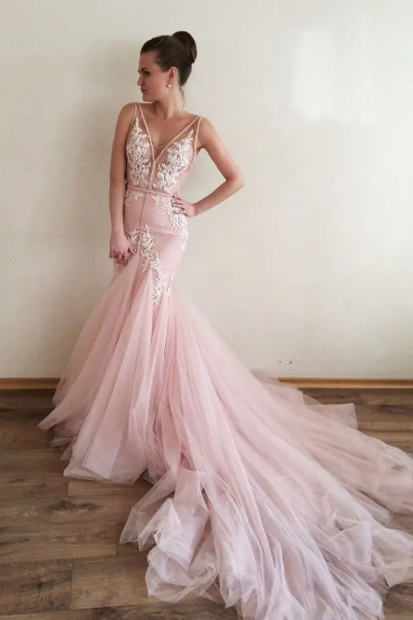 Sexy Blush Pink Mermaid Wedding Dress Luxurious V Neck Sleeveless Backless Beads Lace Appliques Tulle Bridal Gowns LS 31