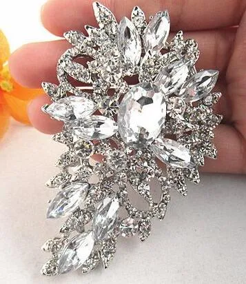Free Shipping Large Style Silver Plated Crystals Studded Big Leaf Brooch Wedding Bridal Brooch Pin B520