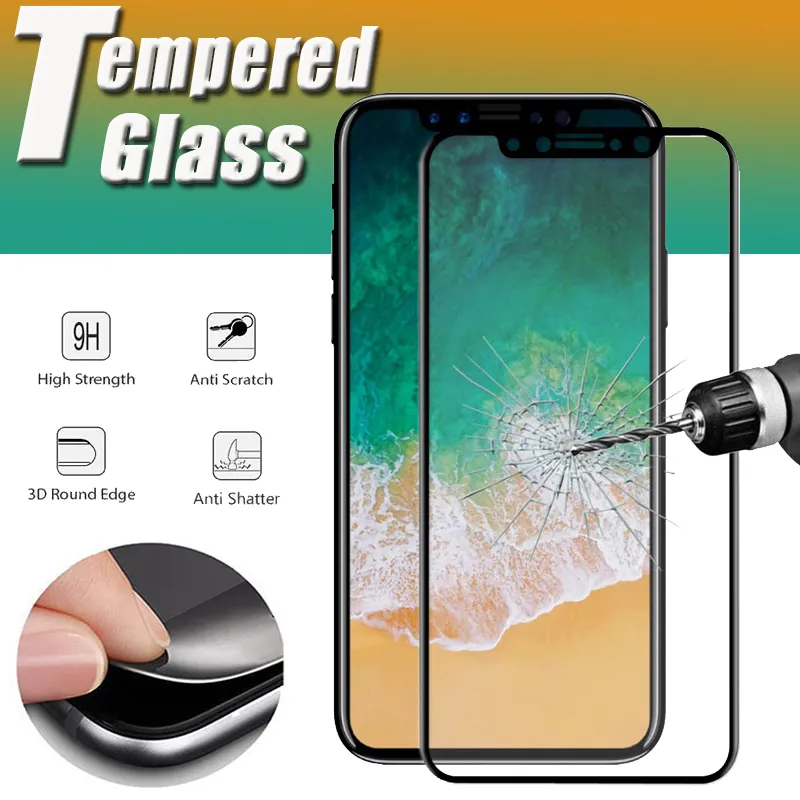 Screen Protector per iPhone 14 Pro Max 13 Mini 12 11 XS XR x 8 7 6 Plus SE Carbon Fibra 3D Curved Edge Explosion Explosion Proof Premium Shield Temped Glass Guard