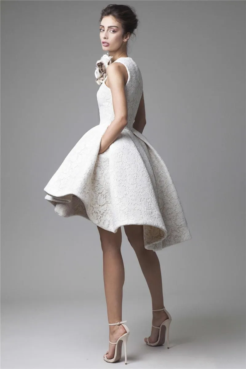 Krikor Jabotian High Low Prom Dresses Jewel Neckline A-Line Flower Appliqued Party Dress Short Lace Evening Gowns