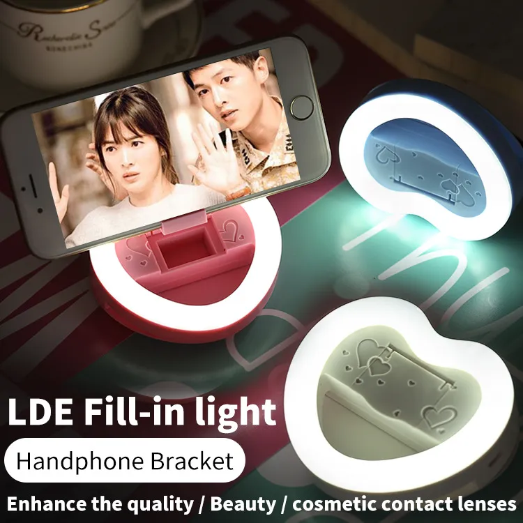 Oeil de charme universel 3 en 1 LED Flash Selfie remplir la lumière en forme de coeur Mini caméra clignote Clip avec grand étui miroir support de téléphone pour Smartphone