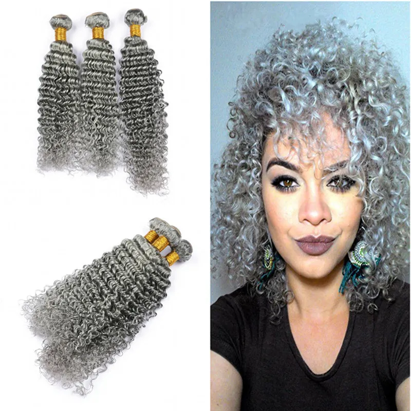Silver Grey Deep Curly Hair Extensions Pure Color Grey Brazilian