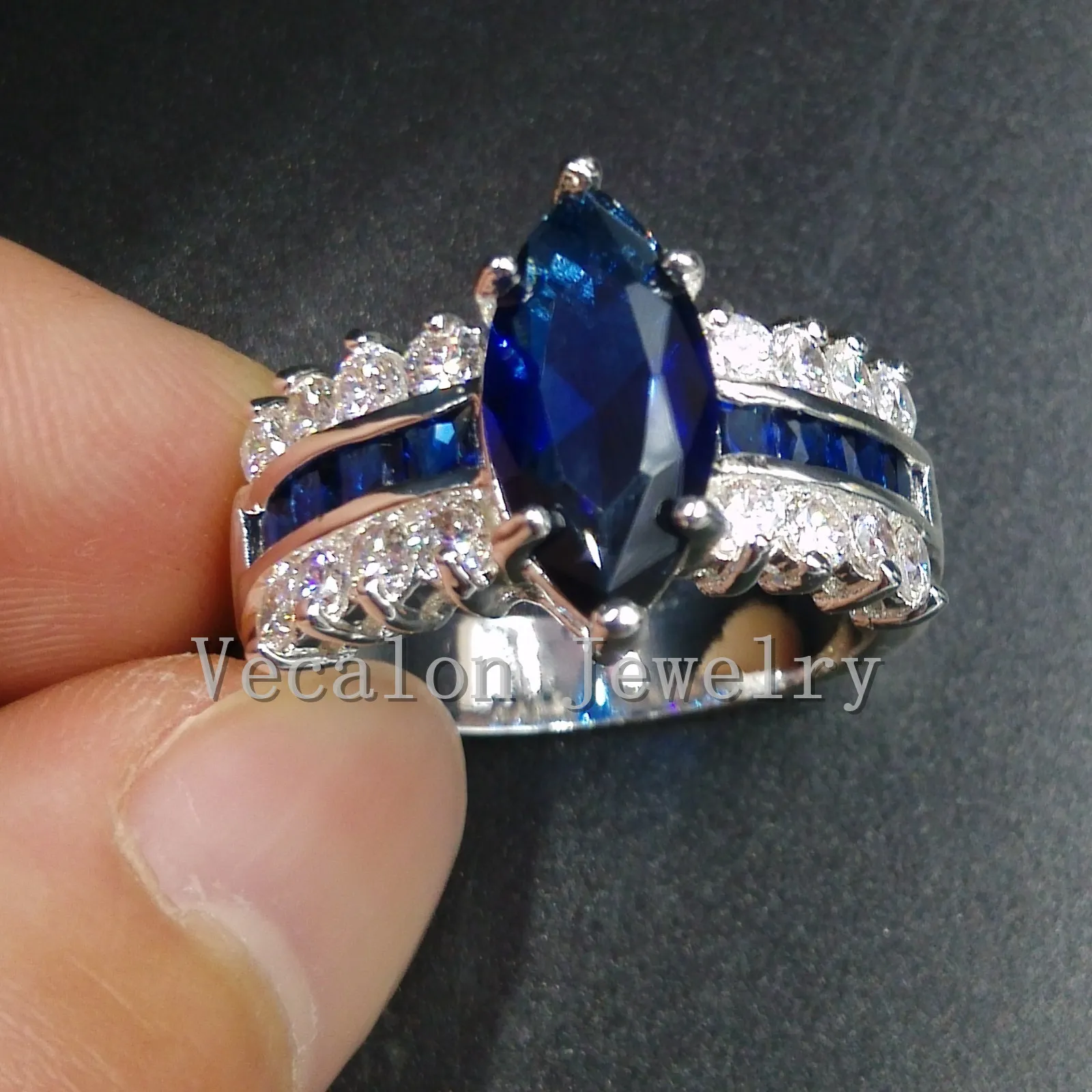 Vecalon Marquise Cut 5ct Sapphire Diamante simulato Cz 925 Sterling Silver Fede nuziale di fidanzamento Set fascia da donna