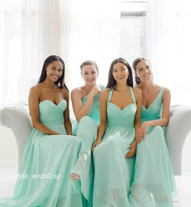 Gratis frakt 2019 Billiga i lager Teal Mint Green Long Chiffon Bridesmaid Dresses Summer Beach Wedding Party Gowns Robe de Soirée Plus Storlek