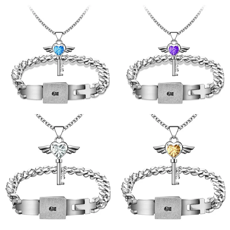 Titanium staal concentrisch slot armband liefde sleutel glanzende strass hanger ketting wediing paren sieraden set verlovingsgeschenken voor liefhebbers