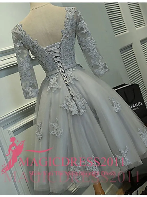 Real Photos Grey Lace Party Homecoming Bridesmaid Dresses A-Line Jewel Illusion 3 / 4Long Sleeve Short Mini Cocktail Prom Gowns Cheap