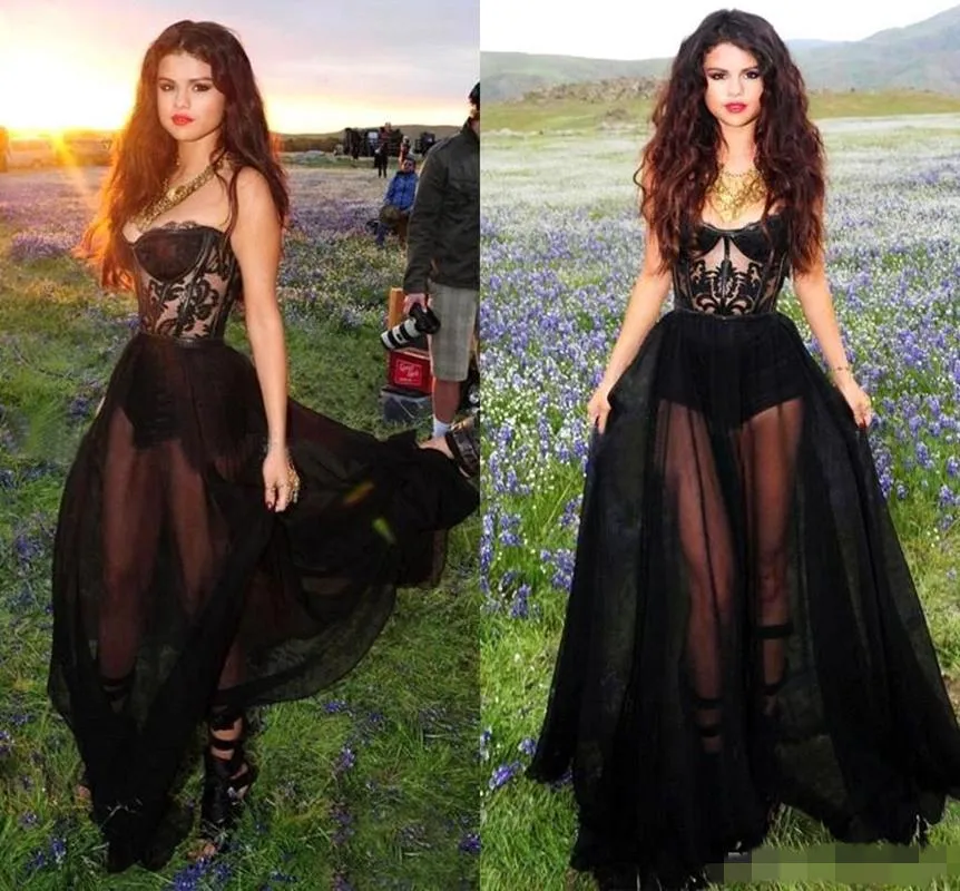 Fashion Selena Gomez Sexy Black Prom Dresses Strapless Applique Evening Dresses See Through Sheer Club Wear Party Gowns