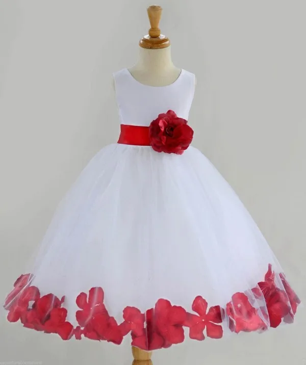 Preciosos vestidos de niña de flores rojos y blancos de dos tonos Vestido de niñas de flores barato para bodas Vestido formal para niños Faja de lazo Pétalos Longitud del té