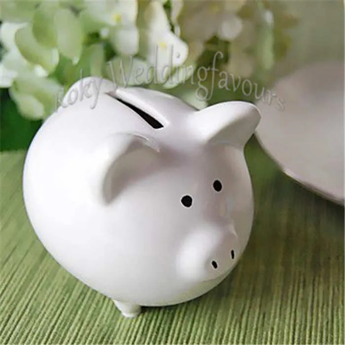 Gratis verzending 50 stks Li'l Saver Gunsten Ceramic Mini Piggy Bank in Geschenkdoos met Polka Dot Lint Bow Baby Shower Kindergeschenken