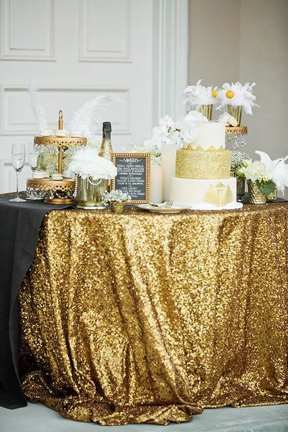 Great Gatsby Table Table Cloth Gold Bling Round and Rectangle أضف بريقًا مع الترتر فكرة كعكة الزفاف