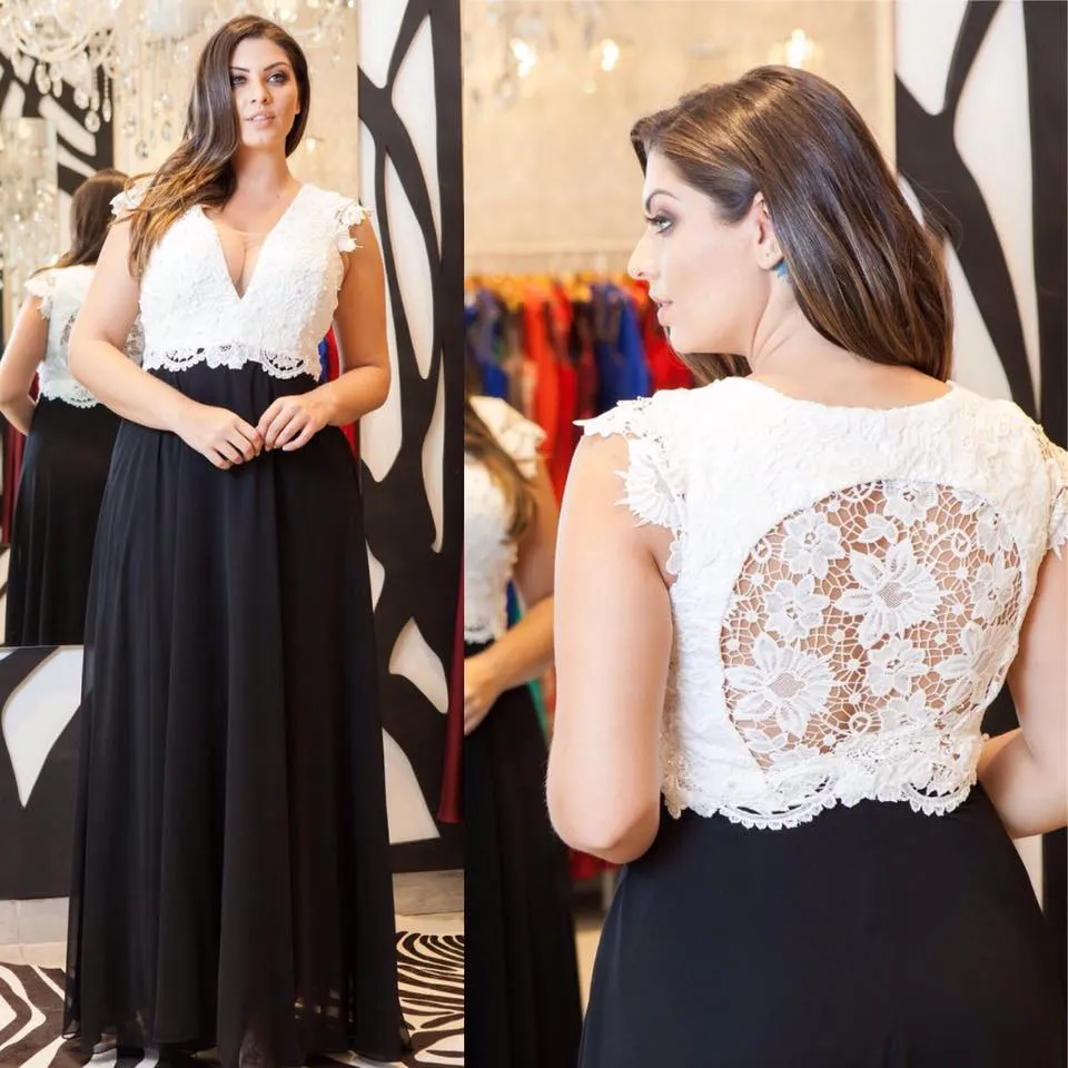 Czarno-biała Koronka Plus Size Prom Dresses Deep V-Neck Zroszony Linia Suknie Wieczorowe Tanie Długość podłogi Imperium Talii Szyfonowa Sukienka Formalna