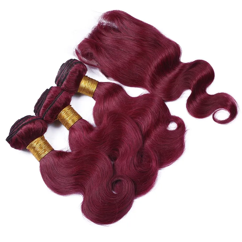 99J Wine Red Brazilian Human Hair Weaves With Closure Virgin Brazilian Burgundy Hair 3Bundles With 4x4 Lace Closure Body7232302