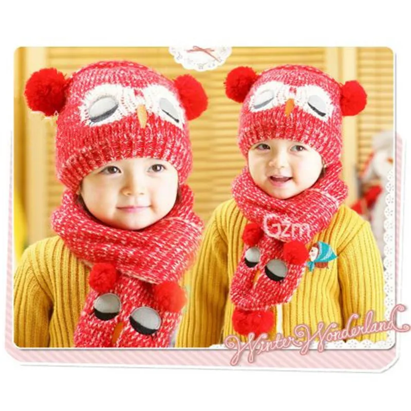 Großhandel Baby Mützen Hüte Set Eule Kind Wollmütze Kleinkind Strickmütze mit Schal Kind Wolle niedliche Unisex Hüte kid407