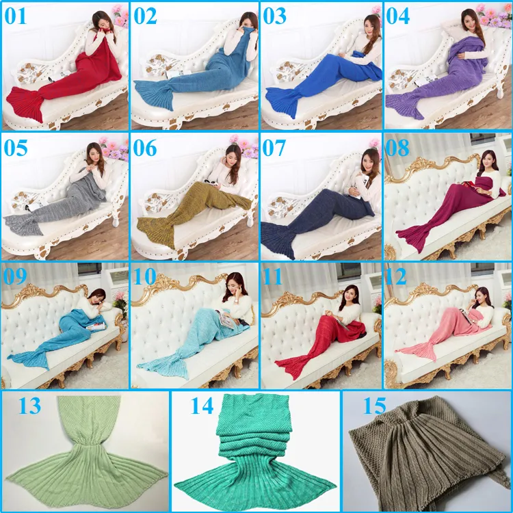 195x95 cm Yetişkinler Örme Mermaid Kuyruk Battaniye Süper Yumuşak Isıtıcı Battaniye Yatak Uyku Kostüm Klima Örgü Battaniye 15 Renkler