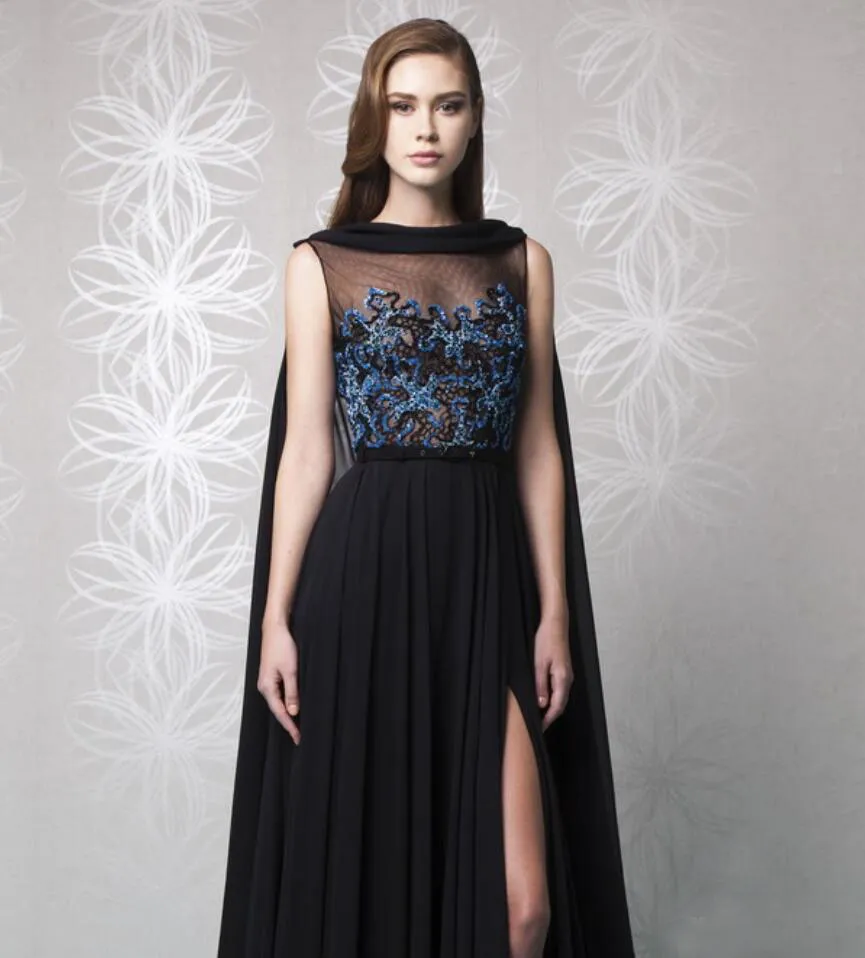 Tony Ward Black Chiffon Side Split Aftonklänningar med kappa 2017 Billiga Blå Broderi Beaded Long Dress Evening Wear Custom EN10269