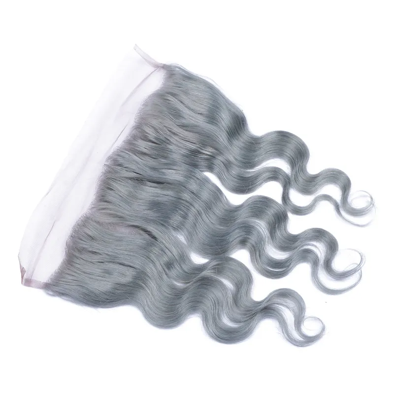 Partie médiane libre Gris argenté Cheveux humains Fermeture frontale en dentelle 13x4 Noeuds blanchis Couleur gris pur Vague de corps ondulée Full Lace Frontal